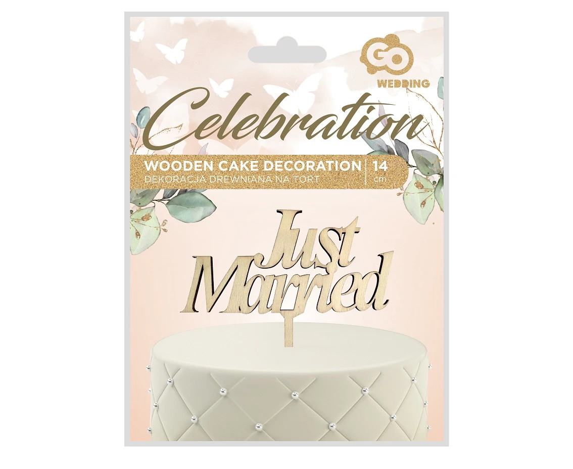 Dekoracja drewniana na tort Just Married, 13x14 cm KK